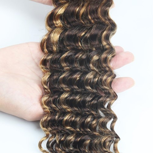 Highlight Human Braiding Hair for Boho Braids 110g Deep Water Wave Bulk Human Hair for Braiding Knotless 12A Curly Bulk Bohemian 3 Bundles P/430 Unprocessed Brazilian Ombre Extensions 18 Inch