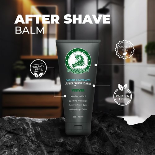 Bossman Cooling & Caffeinated After Shave Balm for Men – Soothes & Protects with Menthol, Caffeine & Tea Tree – Vetiver X Scent