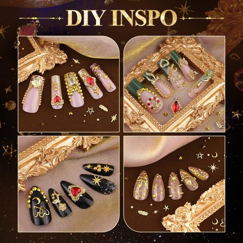 4 Boxes Gold Nail Charms and Gems for Nail Art, Nail Gems and Charms for Nails, Nail Pearls and Caviar Nail Beads, Nail Jewels and Nail Rhinestones Heart Star Nail Decorations Kit