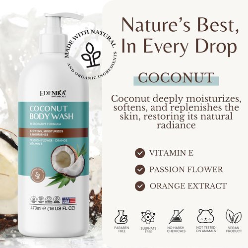 EDENIKA BOTANICALS Coconut Body Wash - Ultra Moisturizing Shower Gel for Dry Skin | 16 fl oz, 2-Pack