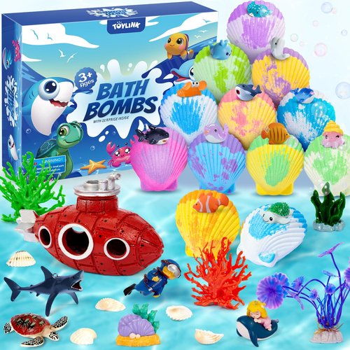 Toylink Ocean Bath Bombs for Kids with Toys Inside, 12 Pack Kids Shell Bath Bombs with Surprise Sea Animal Toys for Boys Girls Handmade Bubble Bath Fizzies Birthday Christmas Gift Set