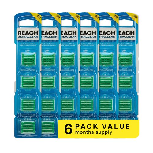 REACH Ultraclean Access Flosser Refill Heads, Mint, Plaque Remover for Teeth, Shred Resistant, for Hard to Reach Areas, Oral Care, PFAS Free, for Adults & Kids, 6 Pack, 28 Count