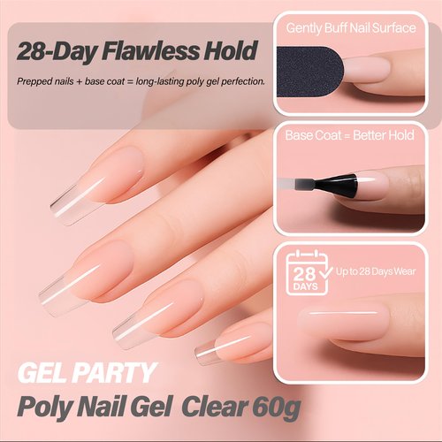 GELPARTY Clear Poly Nail Gel 60g – Ultra-Transparent Builder Gel for Nail Extensions, 3D Molding & Sculpting, Strong & Long-Lasting Soak-Off UV/LED Gel, Professional Salon & DIY Nail Art