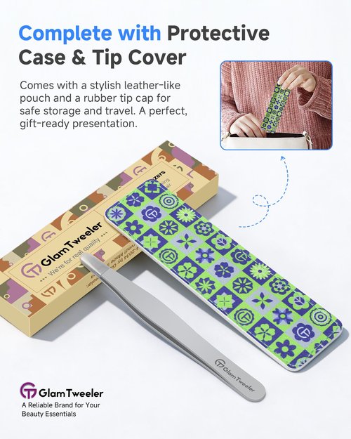 Premium Hand-Made Tweezers with Safe Rounded Tip & Comfort Spring for Pain-Free Plucking, Thick Stainless Steel for Precise Grip on Eyebrows & Facial Hair, Designed for Women and Men