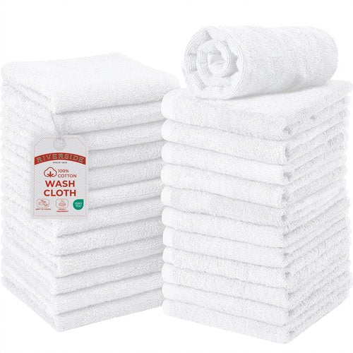 RIVERSIDE Pack of 24 Wash Cloths for Showering, 12 x 12 Inches, Super Soft & Absorbent, 100% Cotton Washcloths Premium Quality Flannel Face Cloths for Bathroom, Gym, Spa (White, 24 Pack)