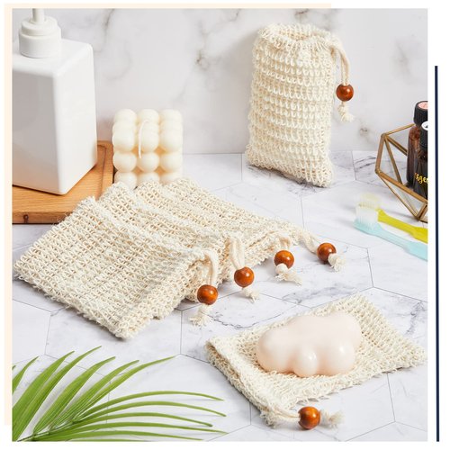 Cunhill 40 Pack Soap Saver Bag Exfoliating Soap Pouch with Drawstring Bar Wooden Bead Foaming and Drying Exfoliating Net for Bath and Shower (4.7x7.1 Inch)