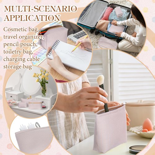 Huhumy 3 Pieces Makeup Bag Set for Women Cute Seersucker Cosmetic Pouch Travel Toiletry Bag Preppy Small Makeup Purse Pouch Aesthetic Skincare Brushes Storage Organizer for Women(Khaki)