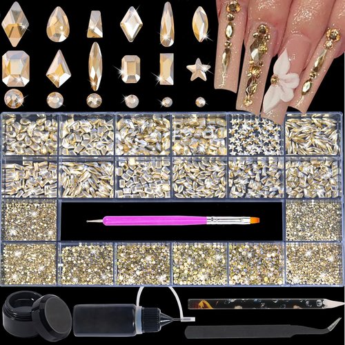 HNUIX Nail Rhinestones - 4550pcs Champagne Gold, Multiple Shape Gems, Flatback Crystal Rhinestones, with Kit and Glue Gel, for Nail Art
