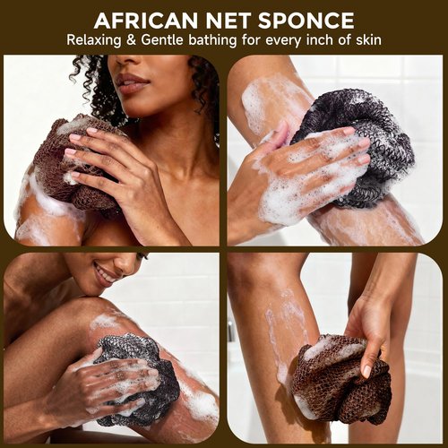 2 Pieces African Net Sponge Authentic, Durable Back Scrubber Washcloth for Shower, Exfoliating Net Sponge for All Skin, Bathing Accessories for Women (2 Pack (Black and Brown))