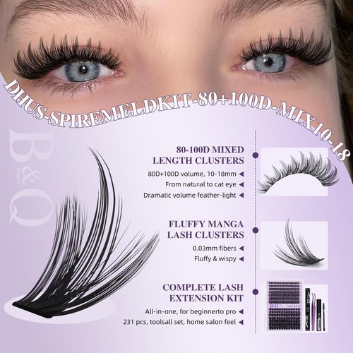 B&Q SpireMeld Manga Lash Clusters - 280Pcs Voluminous & Fluffy Ultra-soft 0.03mm Fiber Spikes Lash Clusters for a Dramatic Eye Look, Refill For Professional Results(80+100D-10-18MIX)