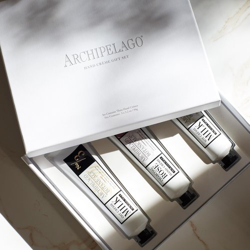 Archipelago Botanicals Hand Crème Gift Set Trio, Rich and Lightly Scented Hand Lotions for Dry Skin, Cuticles and Rough Spots, Oat, Soy and Charcoal Rose (3.4 fl oz each)