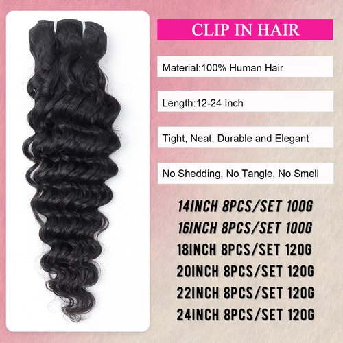 Deep Wave Clip in Hair Extensions Real Human Hair 14 Inch Deep Curly Clip ins for Women Invisible Seamless Remy Human Hair Clips in Extensions 8pcs 100g/3.5oz 20 Clips Double Weft Natural Black