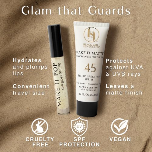 BLACK GIRL SUNSCREEN Make It Matte Spf 45 & Make It Pop Sungloss - Sun Protection For Face & Skin, Spf 50 Lip Gloss, Travel Size, Wear Under Makeup, No White Cast For Melanin Rich Skin - 2 Pack