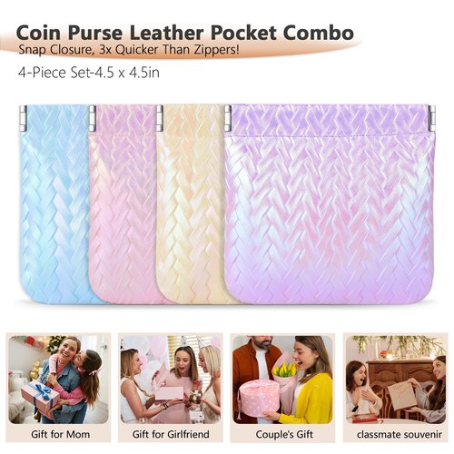 MXXUUOOM 4 PCS holographic Pouch Bags Mini Makeup Bag for Purse, Coin Purse & Purse Pouch Set,Self-Closing Cosmetic Organizer for Women, Waterproof Faux Leather for Lipstick, Coins & Daily Essentials