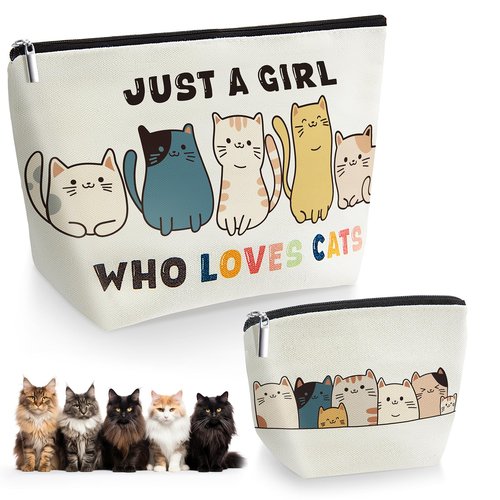 Sunnymove 2 Pack Large and Small Cat Themed Makeup Bags for Women and Teen Girls, Cat Lover Gifts, Cute Kitten Cosmetic Pouch Coin Purse with Zipper, Funny Mom Daughter Gifts for Birthday Christmas