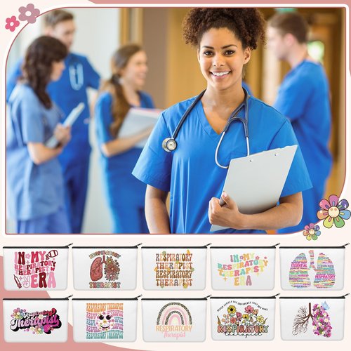 Kacctyen 10 Pcs Respiratory Care Week Appreciation Gifts for Women Respiratory Therapist Makeup Cosmetic Canvas Pouch Bags Portable Makeup Pouch Bag Travel Organizer for Party Favors