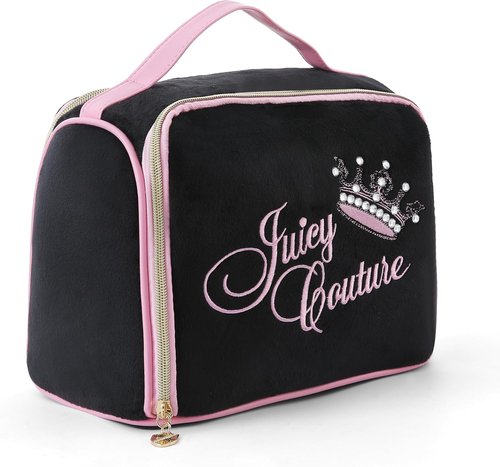 Juicy Couture Makeup Bag - Vintage Style Velour Organizer with Rhinestone Crown | Black Travel Essentials