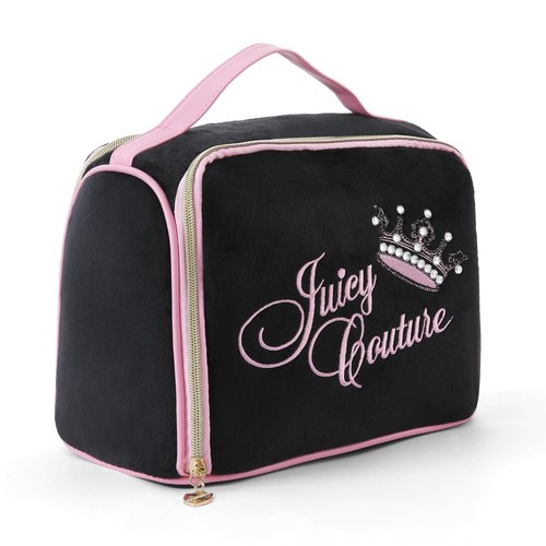 Juicy Couture Black Makeup Bag Cosmetics Organizer Travel Essentials Bowler Vintage Style Velour Rhinestone Crown