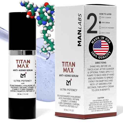 Man Labs Titan MAX Anti-Aging Face Serum for Men - Ultra Potency Skin Tightening Cream with Vitamin C & E, 10% Niacinamide, Hyaluronic Acid - Unscented