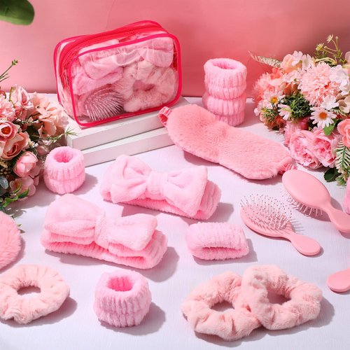 Daifunli 36 Pieces Spa Sleepover Party Favors for Woman 6 Pcs Spa Headband 6 Eye Mask 6 Velvet Scrunchies 6 Pcs Wristband 6 Hair Brush 6 Cosmetic Bags for Adult Slumber Party Gift(Pink)