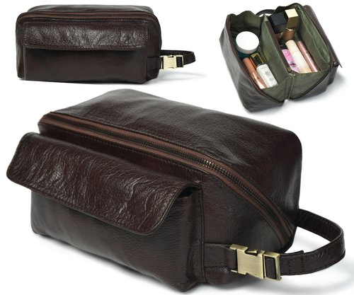 Coyote Bay® Flypouch Premium Full Grain Soft Leather Toiletry Bag, Large 9 Inch, Makeup Bag, Travel Organizer Pouch, Shaving Kit, Cosmetics Toiletry Bathroom Organizer (Brown, Large)