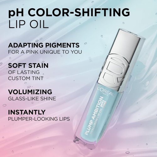 L'Oreal Paris Plump Ambition Lip Oil - Color Shifting Tint with 24HR Hydration & Volumizing Shine, 050 pH Lilac