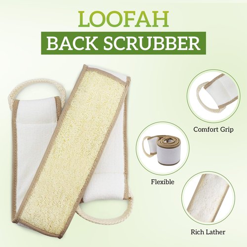 Miw Piw Natural Loofah Exfoliating Body Scrubber, Loofah Bath Sponge, Luffa for Women and Men, 100% Biodegradable Compostable, Dye Free, Zero Waste Eco Friendly Sustainable (Back Scrubber Pack 4)