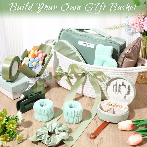 Kacctyen Get Well Soon Gift Basket for Women Sage Green Birthday Gift Box Self Care Package Include Woven Basket Makeup Bag Sleep Mask Jewelry Box and More for Women Mom Wife Friends Sister