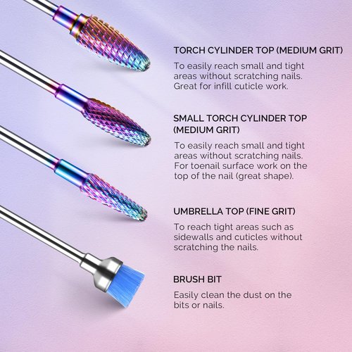MelodySusie Nail Drill Bits Set, 7pcs Tungsten Carbide Diamond Nail Drill Bits for Acrylic Nails Poly Gel Cuticle Remove, 3/32'' Professional Nail Bits for Nail Drill Efile (A-Colorful)