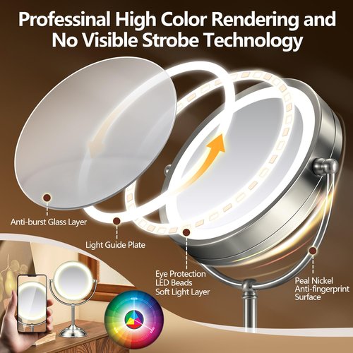 15X Magnifying Mirror with Light, Rechargeable 9" Lighted makeup mirror with magnification, 3 Color Modes, Adjustable Brightness, No Assembly Required, 360° Rotation Cosmetic Mirror, Pearl Nickel