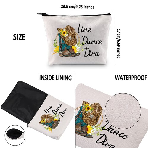 G2TUP Line Dance Gift Line Dance Diva Makeup Bag Western Country Music Dancing Dancer Cosmetic Bag Country Music Lover Gift Zipper Travel Bag (Line Dance Diva White Bag 2.0)