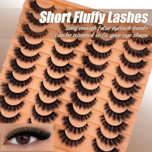 SISIYDY Fluffy Lashes Mink 3D Cat Eye Dramatic Thick Volume EyeLashes Wispy 16mm Full Lash Strips Faux Mink Eye Lashes C Curl Short Cat Eyelahses Pack YH302