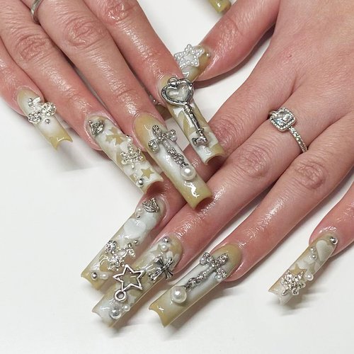 Namifin 48PCS Y2K Nail Charms and Gems 3D Silver Star Butterfly Planet Corss Nail Charms for Acrylic Nails Design Kawaii Nail Jewels for Nail Art
