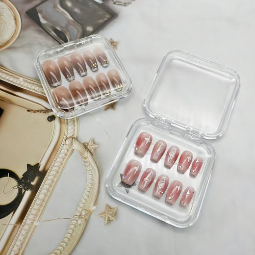 14 Pcs Press On Nail Packaging Box Press on Nail Storage Box for Press Ons with 60 Pcs Adhesive Double Sided Tape for Fake Nail Storage Case Nail Display Nail Salon Supplies Nail Art Business (Clear)