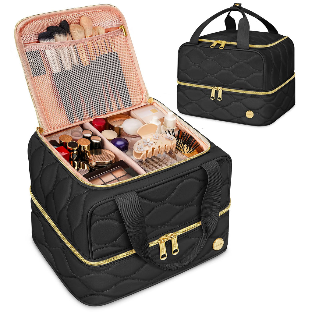 YOREPEK Travel Makeup Organizer Bag, 2-Layer Cosmetic Bags for Women, Portable Makeup Box Cases for Daily Use, Skincare, Brushes, Powders, Palettes, Makeup Tools– cosmetiquera para maquillaje，Black