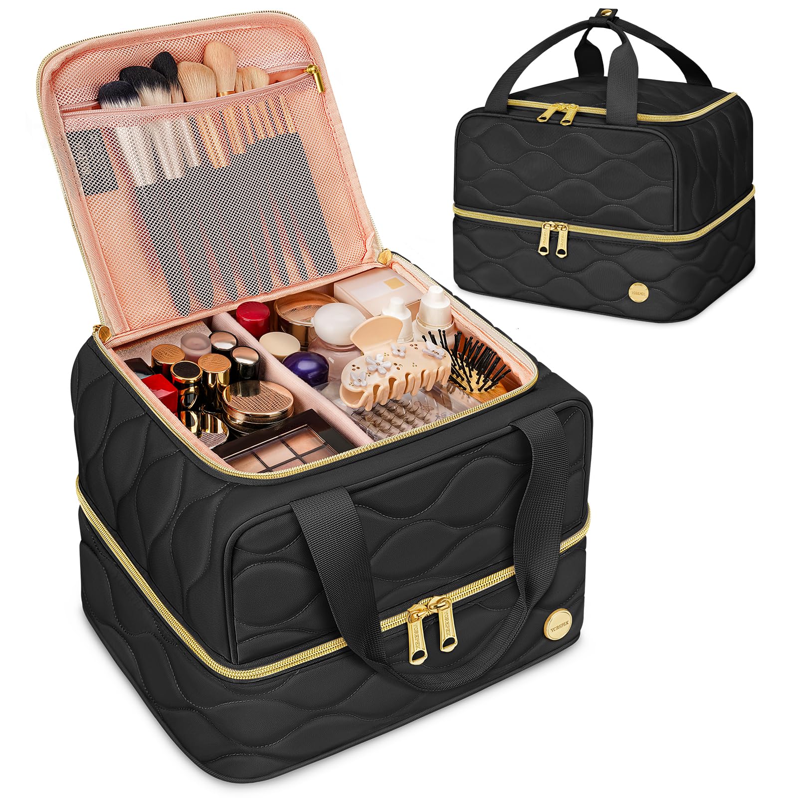YOREPEK Travel Makeup Organizer Bag, 2-Layer Cosmetic Bags for Women, Portable Makeup Box Cases for Daily Use, Skincare, Brushes, Powders, Palettes, Makeup Tools– cosmetiquera para maquillaje，Black