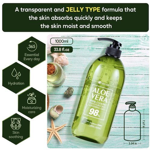 Neclar 98% Pure Aloe Vera Gel for Sunburn Relief - Big 33.8oz / 1000ml - Aloe Vera - For Face, Skin and Hair - After Sun Care lotion - Sun Burn Moisturizer Cream (33.8 Fl oz)