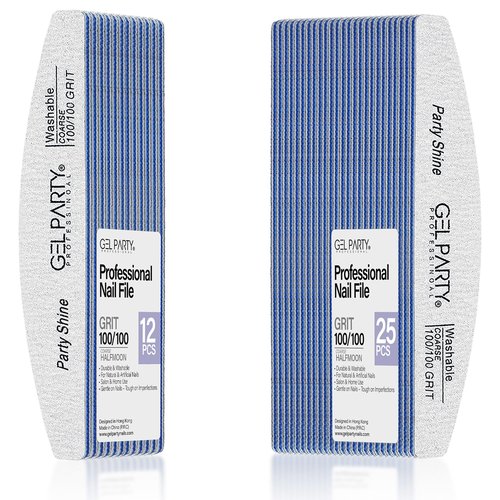 GELPARTY Professional Nail Files 100/100 Grit Half Moon - 25 Pack Bulk Washable Emery Boards - Medium Coarse Grit for Shaping Acrylics, Polygel & Hard Gel Extensions (Salon Value Set)