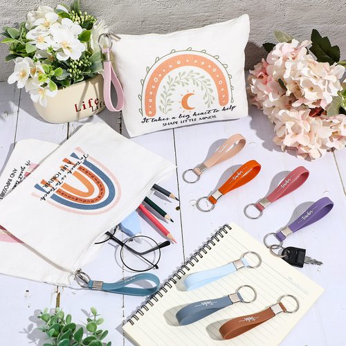 Fumete 20 Pcs Daycare Teacher Gifts Bulk, Inspirational Rainbow Makeup Bags, Silicone Keychains Zipper Canvas Pencil Pouch for Employee Thank You Gift Mothers Day Paraprofessional Appreciation Gifts