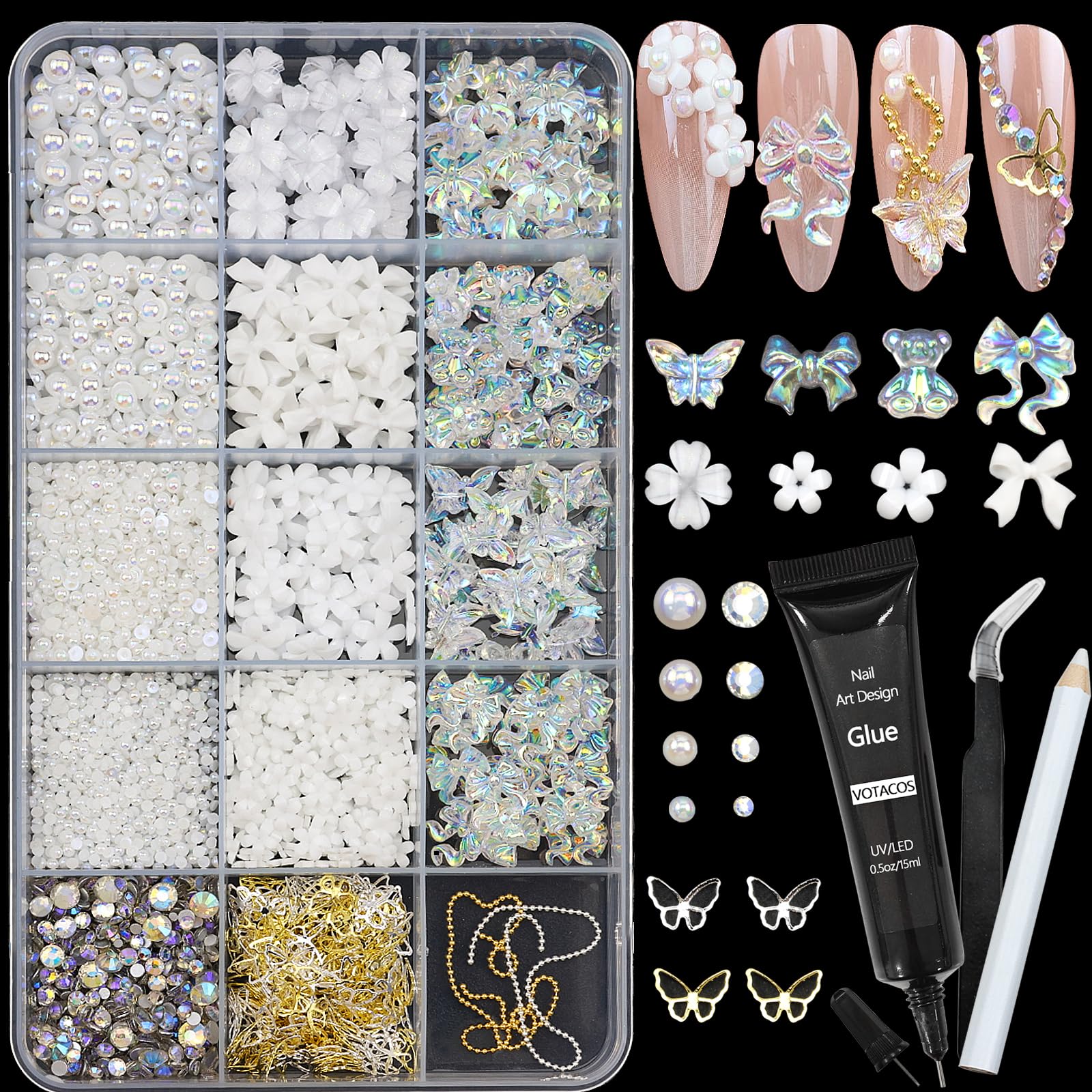 VOTACOS Flatback Nail Art Pearls and Rhinstones - Flower Bow Charms with Gel Glue - Gold, Silver, Butterfly Colors - Women's Acrylic Nail Decorations