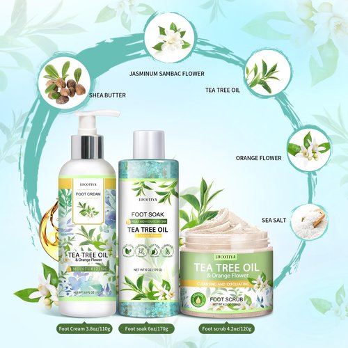 LUCOTIYA Tea Tree & Orange Flower Foot Soak Set - Salts, Foot File, Scrub & Urea Cream Pedicure Supplies for Dry, Cracked Feet - Foot Spa Pedicure Kit for Women Men
