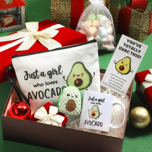 Nuogo 5 Pcs Avocado Gifts Cute Crochet Makeup Bag Coffee Mug with Positive Inspirational Card for Girl Employee Appreciation Avocado Lovers Birthday