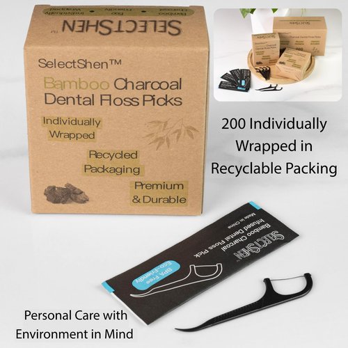 Dental Floss Picks-200 Count Individually Wrapped, Strong Charcoal Floss for Tight Teeth, Gum Health, Plaque Removal, Travel & Daily Oral Hygiene Friendly by SelectShen™