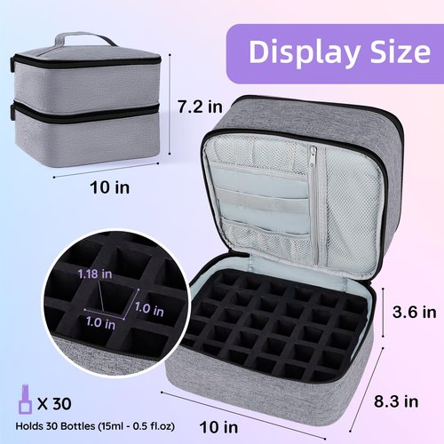 ALSLEA Nail Polish Organizer Holds 30 Bottles (15ml - 0.5 fl.oz) Double-layer Gel Nail Polish Kit Carrying Case, Nail Holder for Nail Lamp, Portable Nail Organizer and Storage for Nail Supplies (Gray)