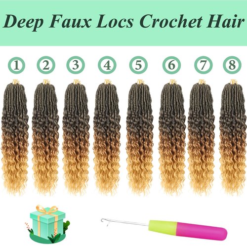 Deep Faux Locs Crochet Hair 30 Inch 8 Packs Goddess Locs Crochet Hair 1B3027 Soft Loc Faux Loc Crochet Braids with Curly Ends Prelooped Deep Wave Croceht Braids for Black Women(Black to Blonde)