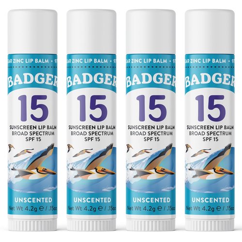 Badger Mineral Sunscreen Lip Balm SPF 15 - Reef Safe, Unscented, Travel Size | 0.15 oz 4-Pack