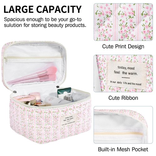 senbowe Large Quilted Makeup Bag, Cotton Floral Cosmetic Bag for Women, Cute Coquette Aesthetic Makeup Bag Toiletry Bag, Travel Make Up Organizer Bag with Zipper and Ribbon (Pink-green Floral)