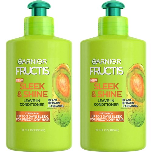 Garnier Fructis Sleek & Shine Leave-In Conditioner - Intense Smooth Formula with Plant Keratin & Argan Oil | 10.2 Fl Oz (Pack of 2)