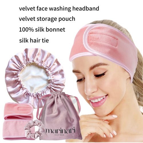 100% Pure Mulberry Silk Bonnet for Sleeping, Double Layer Silk Hair Bonnet, Silk Hairband & Face Wash Headband Set,Silk bonnet with adjustable strap, Silk Night Cap for curly hair , (PinkChampagne)