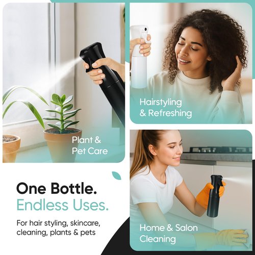 Aquableu Spray Bottle for Hair – Continuous Mist Spray Bottle for Hair Care, Styling, Cleaning, Plants, Pets & Essential Oils (Variety Pack of 2 - Black & White, 6.76oz/200ml)